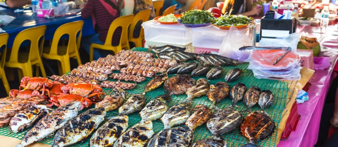 grilled-fish-on-a-table-at-a-food-market-restaurant